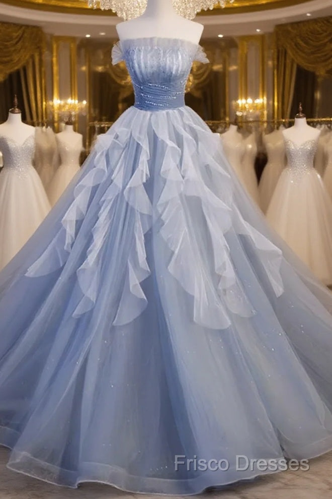 Vintage Ball Gown Strapless Satin Dusty Blue Tulle Long Formal Prom Dress Formal Dress Main image