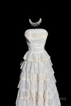 Vintage Ball Gown Strapless White Lace Formal Prom Gown Fairy Formal Prom Dress