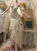 Vintage Beaded Satin V-Neck Ruffle Mermaid Prom Dress