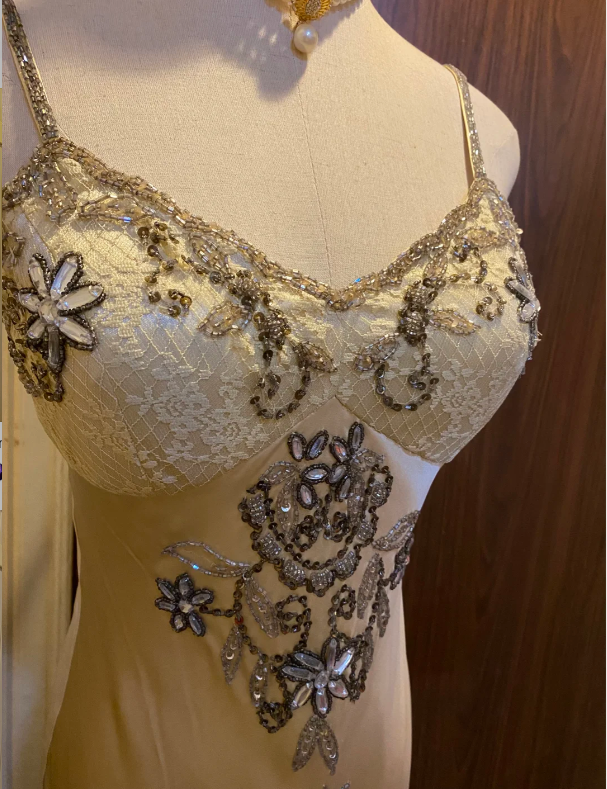 Vintage Beige Gold Irregular Strap Beaded Lace Prom Dress Evening Dress