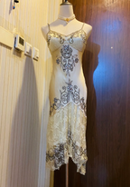 Vintage Beige Gold Irregular Strap Beaded Lace Prom Dress Evening Dress