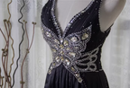 Vintage Black A-Line V-Neck Open Back Butterfly Rhinestone Beaded Satin Long Prom Dress Evening Dress