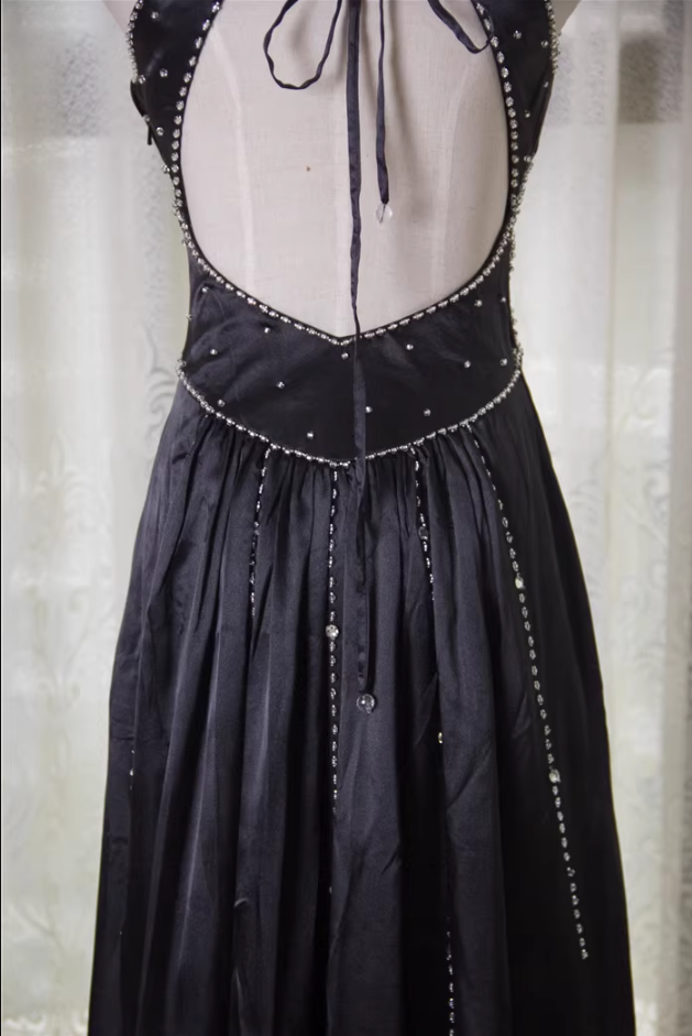 Vintage Black A-Line V-Neck Open Back Butterfly Rhinestone Beaded Sati   Frisco Dresses