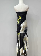Vintage Black Base Floral Print Irregular Strapless Chiffon Long Prom Dress Evening Dress