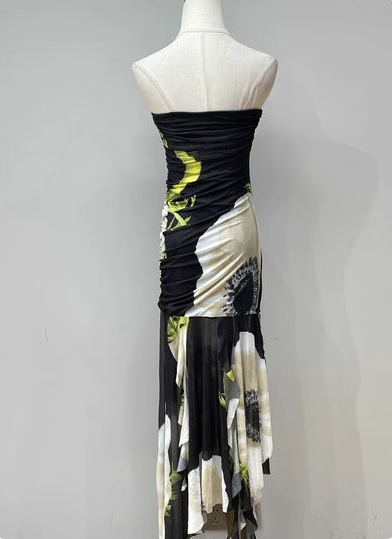 Vintage Black Base Floral Print Irregular Strapless Chiffon Long Prom Dress Evening Dress