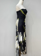 Vintage Black Base Floral Print Irregular Strapless Chiffon Long Prom Dress Evening Dress
