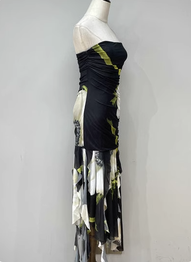 Vintage Black Base Floral Print Irregular Strapless Chiffon Long Prom Dress Evening Dress