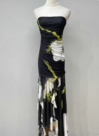 Vintage Black Base Floral Print Irregular Strapless Chiffon Long Prom Dress Evening Dress