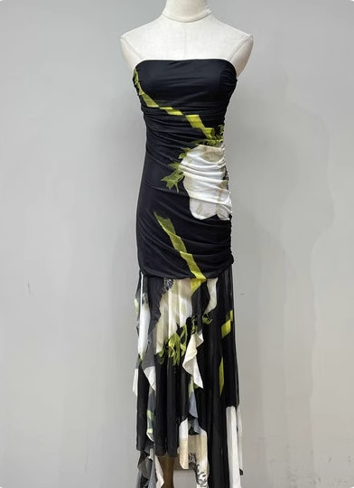 Vintage Black Base Floral Print Irregular Strapless Chiffon Long Prom Dress Evening Dress