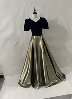 Vintage Black & Gold Panel A-Line V-Neck Short Sleeve Velvet Satin Long Prom Dress Evening Dress