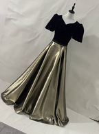 Vintage Black & Gold Panel A-Line V-Neck Short Sleeve Velvet Satin Long Prom Dress Evening Dress