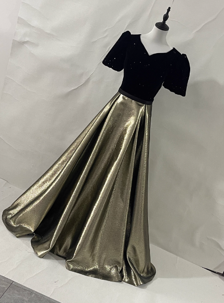 Vintage Black & Gold Panel A-Line V-Neck Short Sleeve Velvet Satin Long Prom Dress Evening Dress