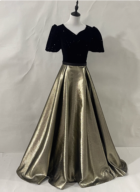 Vintage Black & Gold Panel A-Line V-Neck Short Sleeve Velvet Satin Long Prom Dress Evening Dress Main image