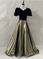 Vintage Black & Gold Panel A-Line V-Neck Short Sleeve Velvet Satin Long Prom Dress Evening Dress