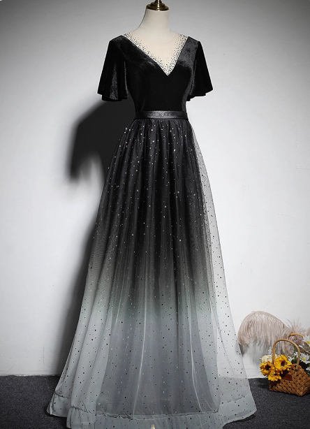 Vintage Black-Gray Gradient A-Line V-Neck Velvet Tulle Long Prom Dress Evening Dress Secondary image