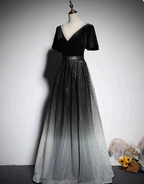 Vintage Black-Gray Gradient A-Line V-Neck Velvet Tulle Long Prom Dress Evening Dress