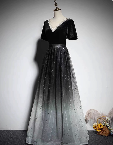 Vintage Black-Gray Gradient A-Line V-Neck Velvet Tulle Long Prom Dress Evening Dress