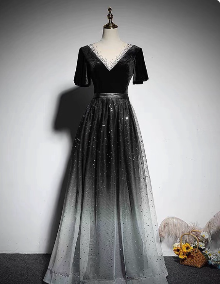 Vintage Black-Gray Gradient A-Line V-Neck Velvet Tulle Long Prom Dress Evening Dress Main image