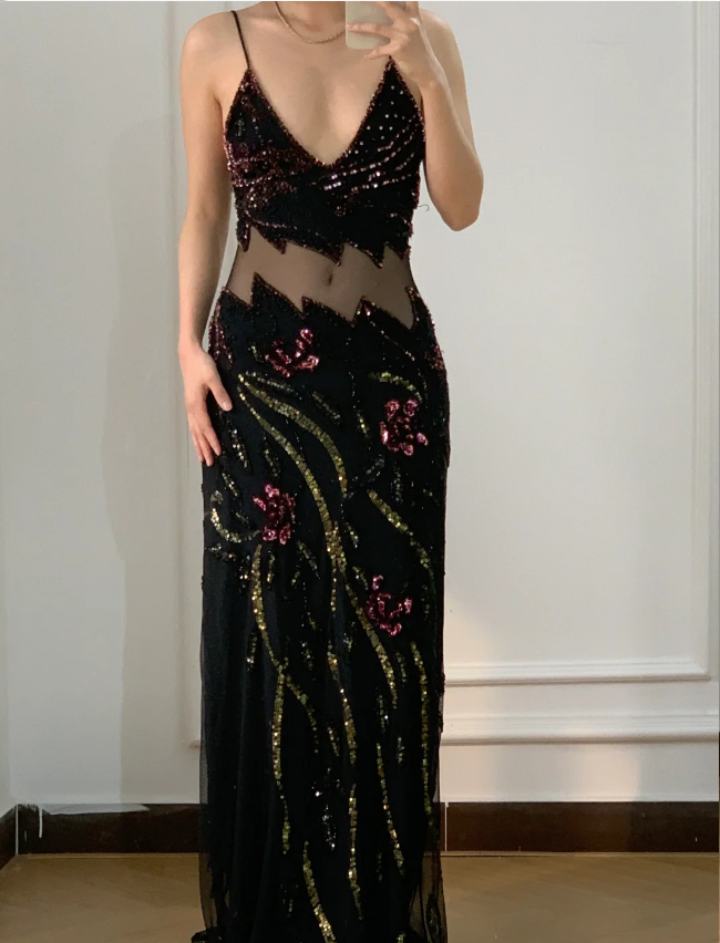 Vintage Black Mermaid Beaded Sequined Floral Cutout Tulle Long Prom Dress Evening Dress Secondary image