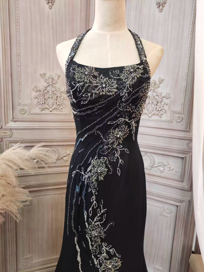 Vintage Black Mermaid Halter Neck Beaded Chiffon Long Prom Dress Evening Dress Secondary image