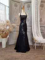 Vintage Black Mermaid Halter Neck Beaded Chiffon Long Prom Dress Evening Dress