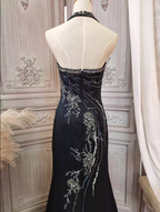 Vintage Black Mermaid Halter Neck Beaded Chiffon Long Prom Dress Evening Dress