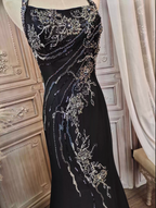 Vintage Black Mermaid Halter Neck Beaded Chiffon Long Prom Dress Evening Dress