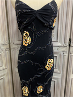 Vintage Black Mermaid Spaghetti Strap Gold Rose Beaded Embroidery Chiffon Long Prom Dress Evening Dress