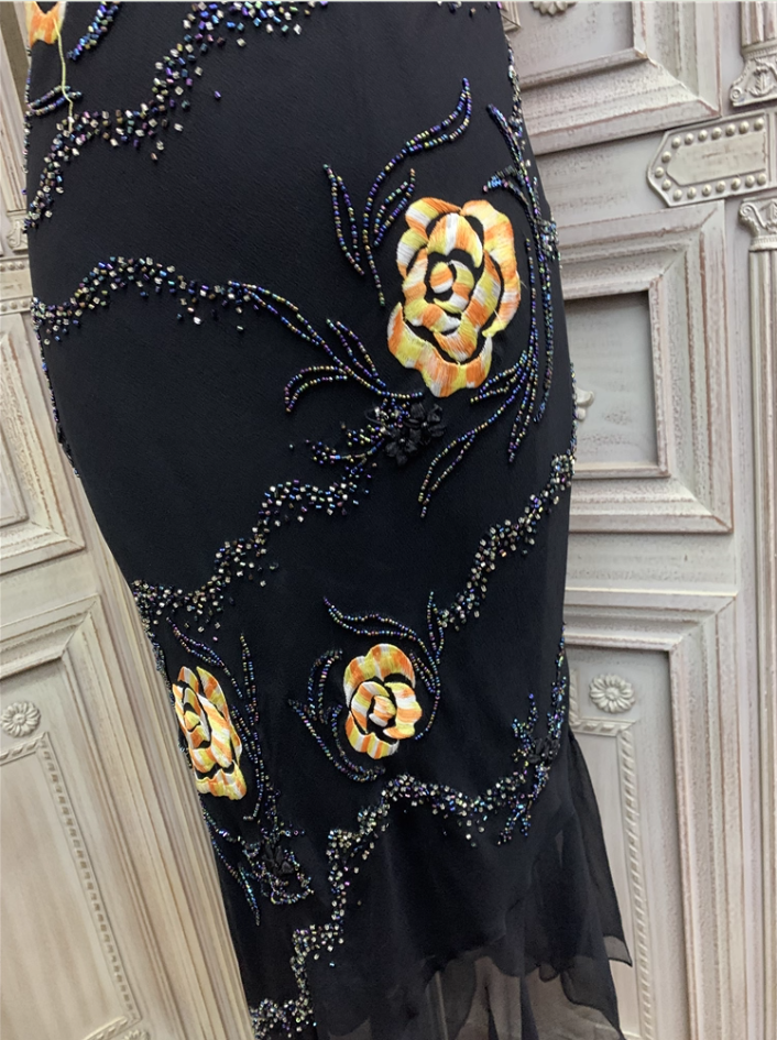 Vintage Black Mermaid Spaghetti Strap Gold Rose Beaded Embroidery Chiffon Long Prom Dress Evening Dress