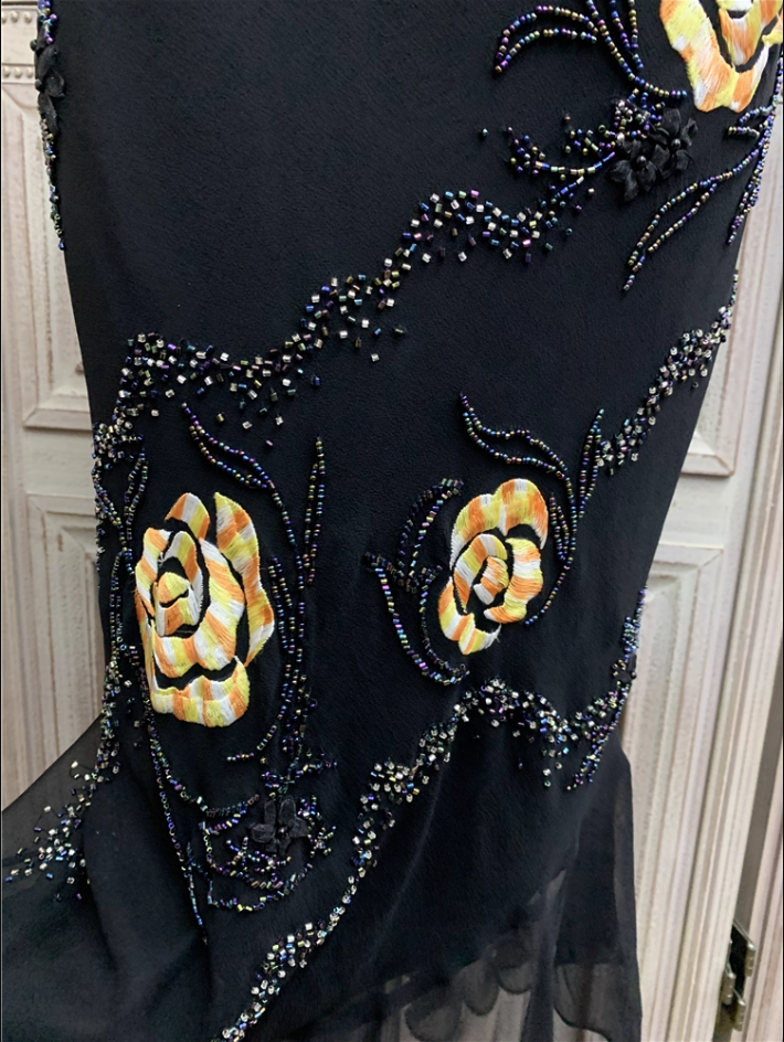 Vintage Black Mermaid Spaghetti Strap Gold Rose Beaded Embroidery Chiffon Long Prom Dress Evening Dress