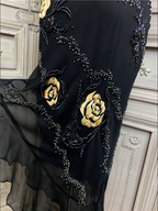 Vintage Black Mermaid Spaghetti Strap Gold Rose Beaded Embroidery Chiffon Long Prom Dress Evening Dress