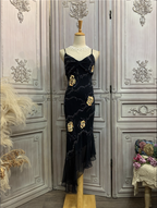 Vintage Black Mermaid Spaghetti Strap Gold Rose Beaded Embroidery Chiffon Long Prom Dress Evening Dress