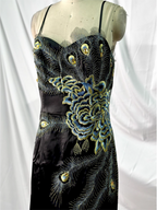 Vintage Black Peacock Feather Embroidered Slim-Fit Satin Long Prom Dress Evening Dress