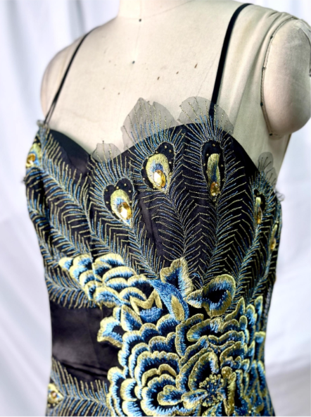Vintage Black Peacock Feather Embroidered Slim-Fit Satin Long Prom Dress Evening Dress