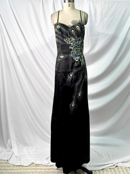 Vintage Black Peacock Feather Embroidered Slim-Fit Satin Long Prom Dress Evening Dress Main image