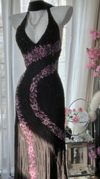 Vintage Black Pink Diamond Halter Neck Chiffon Mermaid Evening Gown Prom Dress