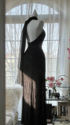 Vintage Black Pink Diamond Halter Neck Chiffon Mermaid Evening Gown Prom Dress
