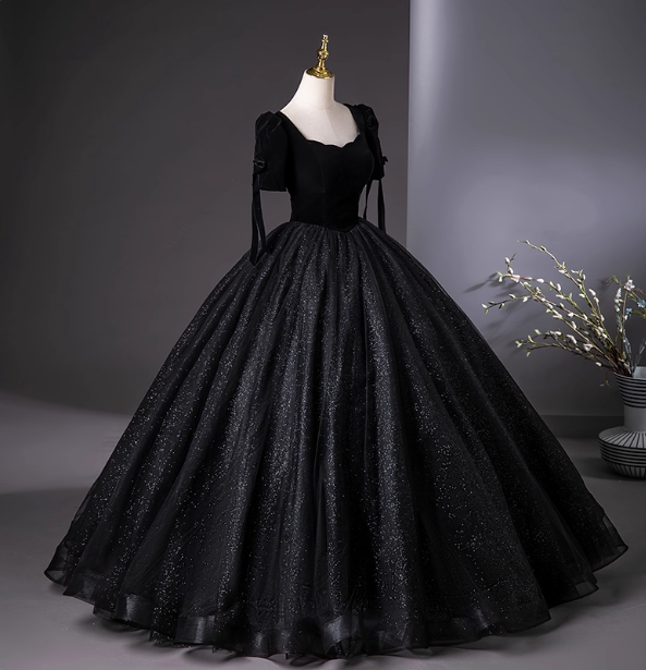 Vintage Black Puff Sleeve Velvet Shimmer Tulle Ball Gown Evening Dress Sweet 16 Dress Secondary image