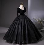 Vintage Black Puff Sleeve Velvet Shimmer Tulle Ball Gown Evening Dress Sweet 16 Dress