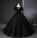 Vintage Black Puff Sleeve Velvet Shimmer Tulle Ball Gown Evening Dress Sweet 16 Dress