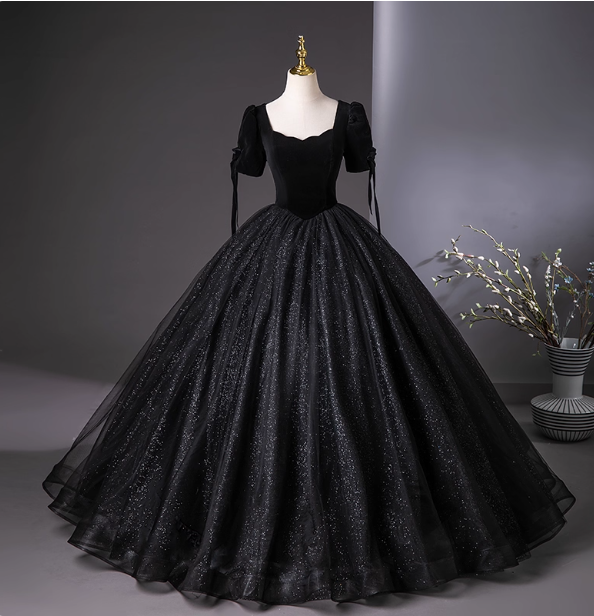 Vintage Black Puff Sleeve Velvet Shimmer Tulle Ball Gown Evening Dress Sweet 16 Dress Main image