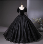 Vintage Black Puff Sleeve Velvet Shimmer Tulle Ball Gown Evening Dress Sweet 16 Dress