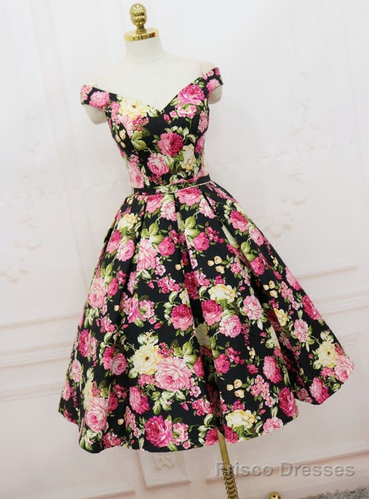 Vintage Black Satin Print Off the Shoulder Homecoming Dress Main image