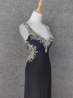 Vintage Black V-Neck Beaded Chiffon Long Prom Dress Evening Dress