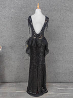 Vintage Black V-Neck Tassel Sequin Tulle Long Prom Dress Evening Dress