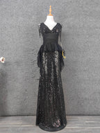 Vintage Black V-Neck Tassel Sequin Tulle Long Prom Dress Evening Dress