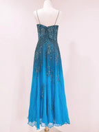 Vintage Blue A-Line Thin Strap Beaded Chiffon Long Prom Dress Evening Dress
