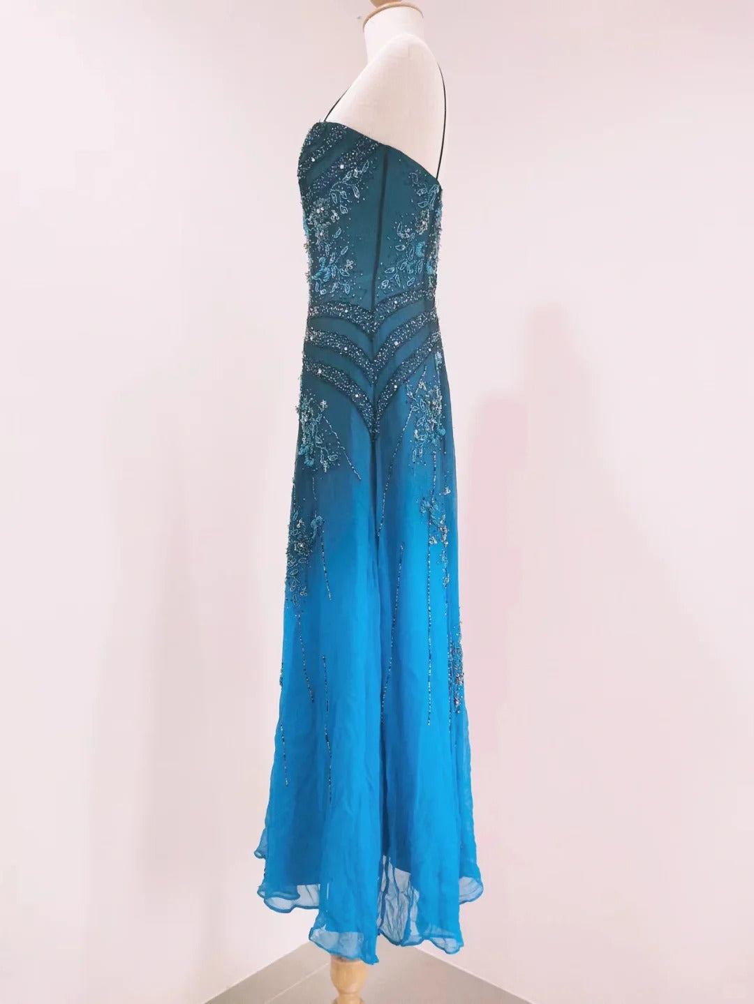 Vintage Blue A-Line Thin Strap Beaded Chiffon Long Prom Dress Evening Dress