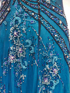 Vintage Blue A-Line Thin Strap Beaded Chiffon Long Prom Dress Evening Dress