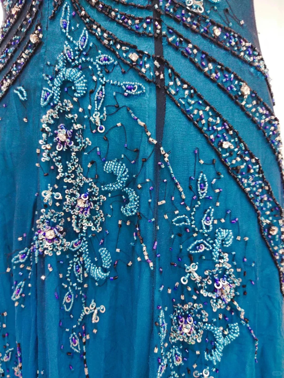 Vintage Blue A-Line Thin Strap Beaded Chiffon Long Prom Dress Evening Dress
